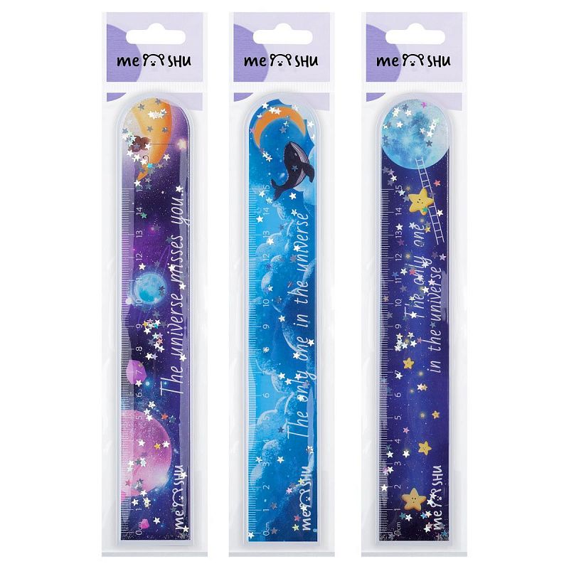 Линейка 15см MESHU "Universe" ПВХ с блестками, ассорти, европодвес