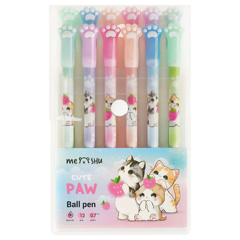 Ручка шариковая MESHU "Paw" 12шт., синие, 0,7мм, корпус ассорти, европодвес
