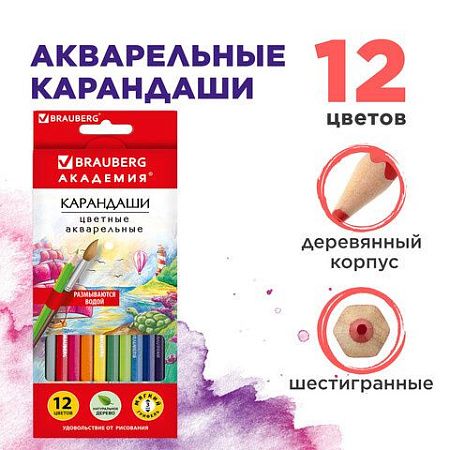 Карандаши цветные акварельные BRAUBERG "АКАДЕМИЯ", 12 цветов, шестигранные, высокое качество, 181398