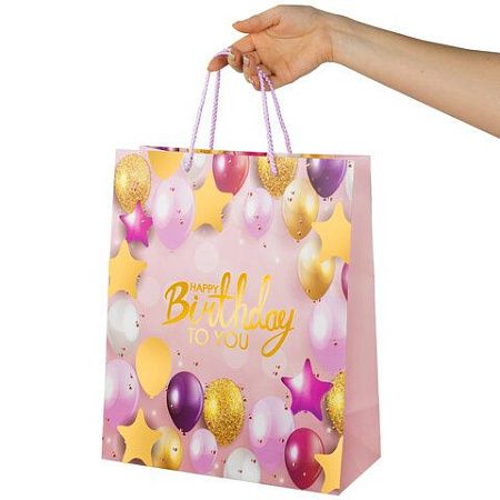 Пакет подарочный 26,5x12,7x33 см ЗОЛОТАЯ СКАЗКА "Happy Birthday", фольга, розовый, 608238