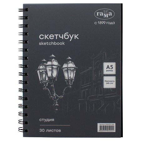 Альбом для графики, 30л., А5, на спирали Гамма "Студия", черный, 140г/м3