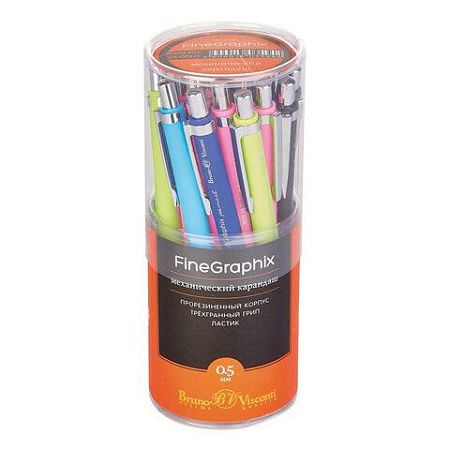 Карандаш механический 0,5 мм, BRUNO VISCONTI "FineGraphix", корпус soft-touch, ассорти, ластик, 21-0001 