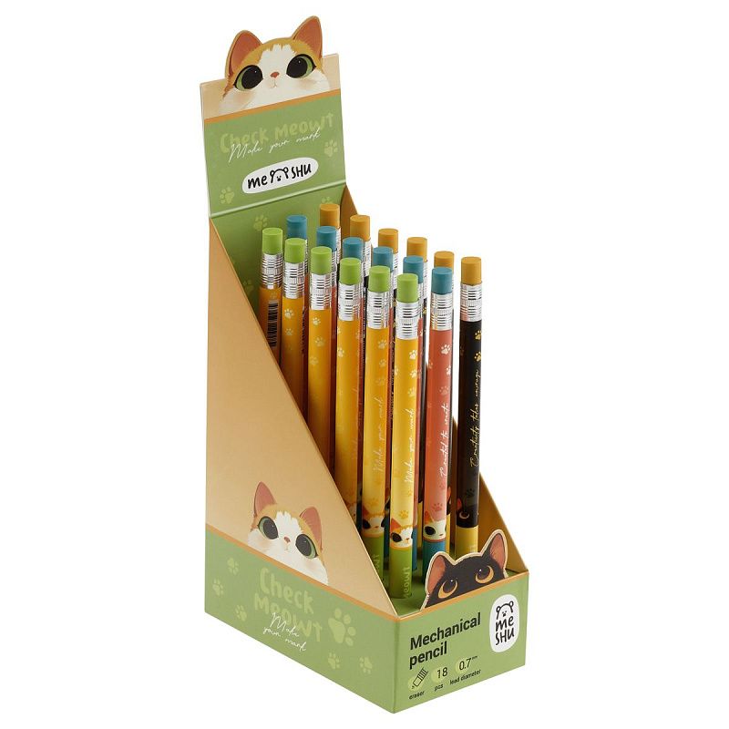 Карандаш механический MESHU "Check Meowt", печать на корпусе, с ластиком, 0,7мм, ассорти 