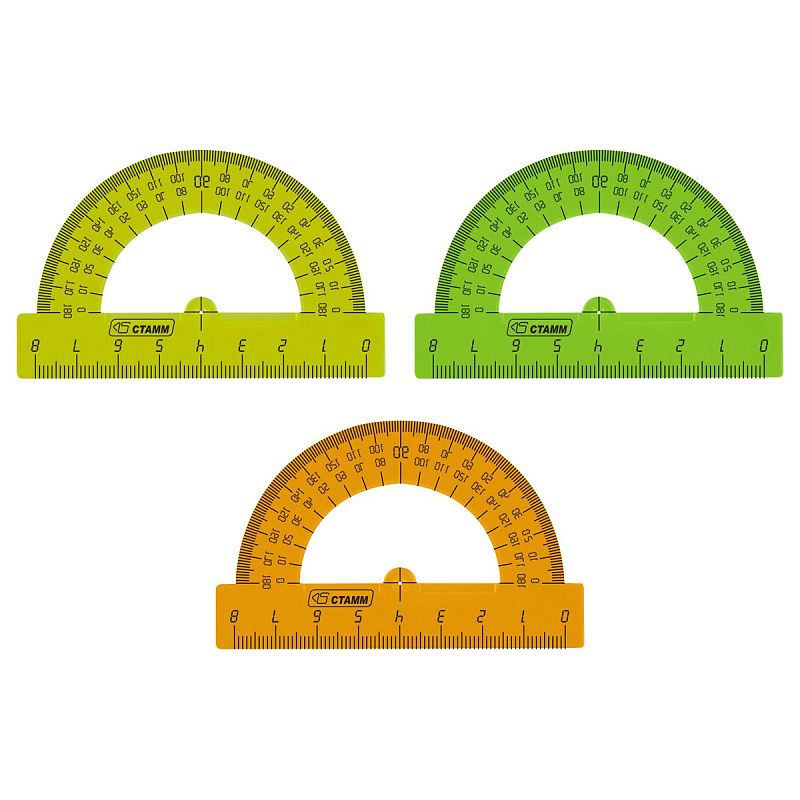 Транспортир 8см, 180° СТАММ, пластиковый, прозрачный, неоновые цвета, ассорти 