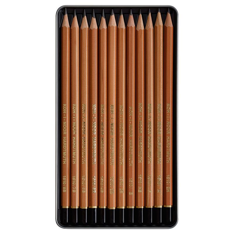 Набор карандашей ч/г Koh-I-Noor "1512" 12шт., 8B-2H, металл. пенал, с неокрашенным корпусом 