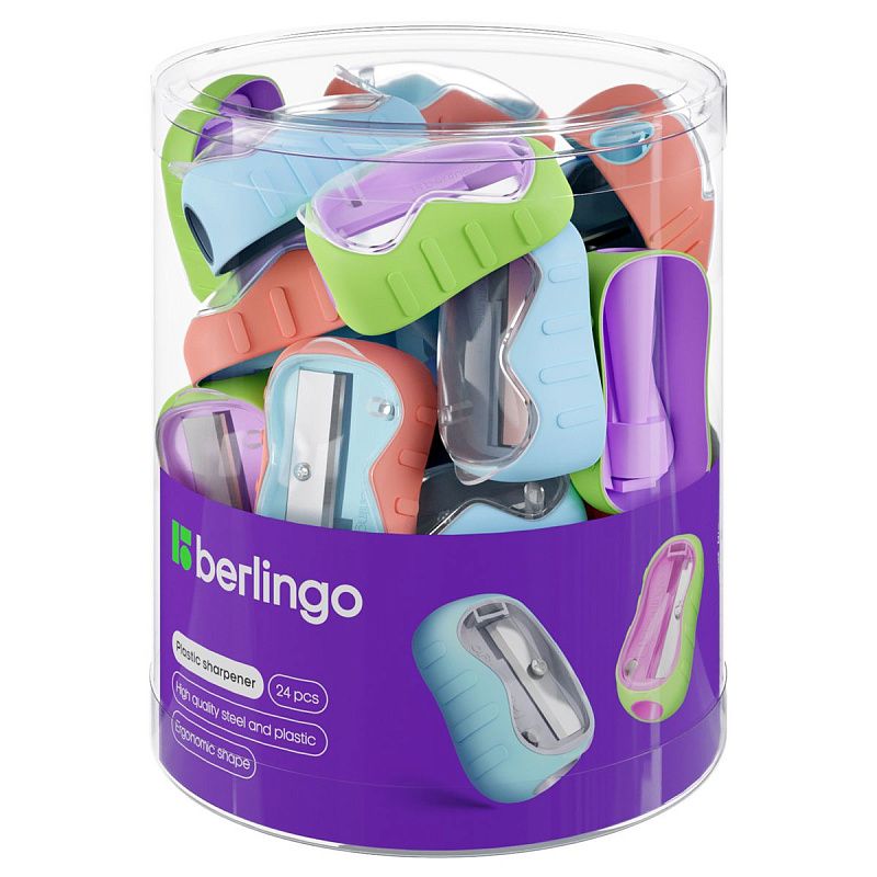 Точилка пластиковая Berlingo "Soft" 1 отверстие, контейнер, ассорти, туба 