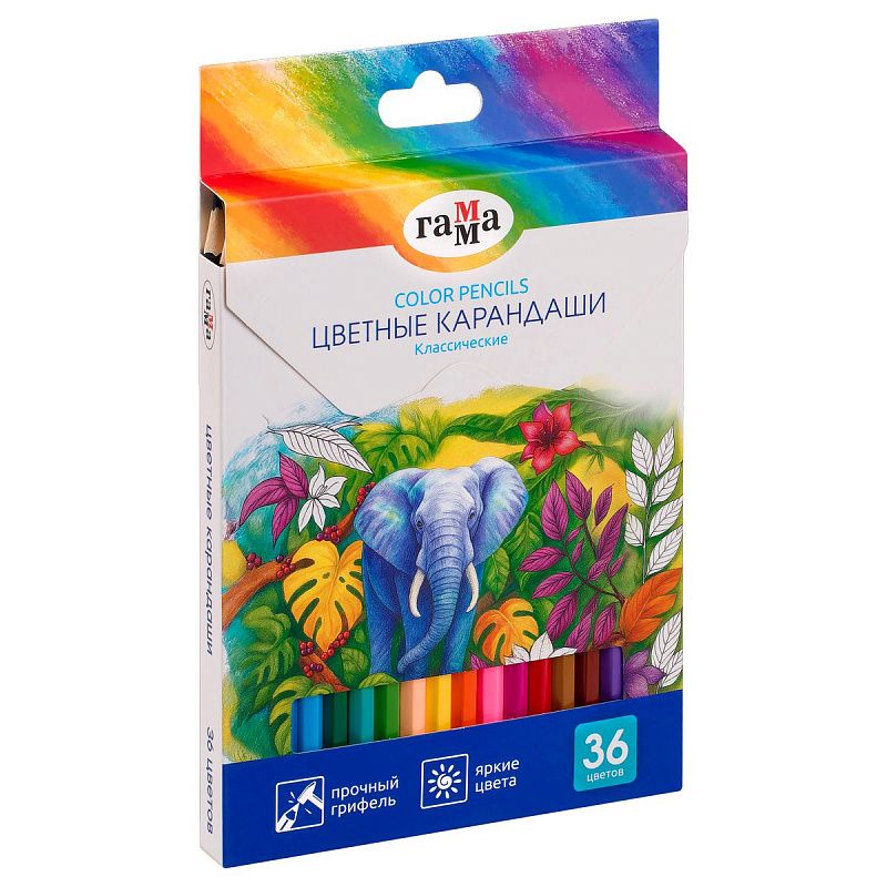 Карандаши цветные Гамма "Классические", 36цв., заточен., картон. упак., европодвес
