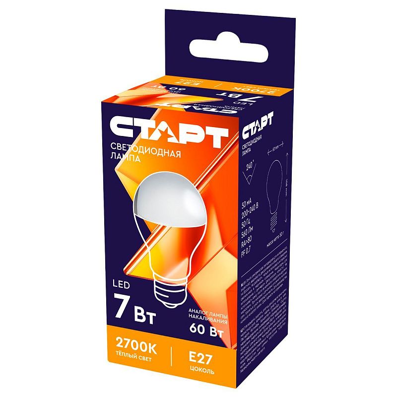 Лампа светодиодная Старт LED, серия "WS" 7W30, тип А "груша", E27, 2700К, теплый свет, 25000ч