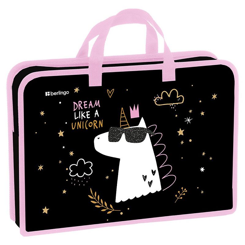 Папка с ручками 1 отделение, А4 Berlingo "Dream Like A Unicorn", 340*245*75мм, пластик, на молнии
