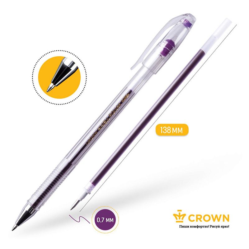 Ручка гелевая Crown "Hi-Jell Color" фиолетовая, 0,7мм 