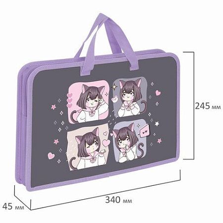 Папка на молнии с ручками ЮНЛАНДИЯ А4, 1 отделение, пластик, ширина 45 мм, "Anime dreamer", 273357 