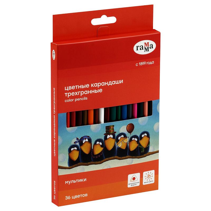 Карандаши цветные Гамма "Мультики", 36цв., трехгранные, заточен., картон. упак., европодвес