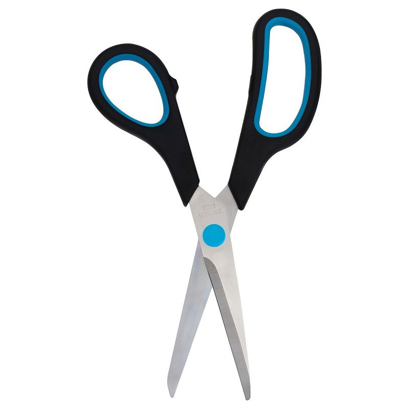 Ножницы OfficeSpace 19см, эргономичные ручки, черные с синими вставками, ПВХ чехол с европодвесом