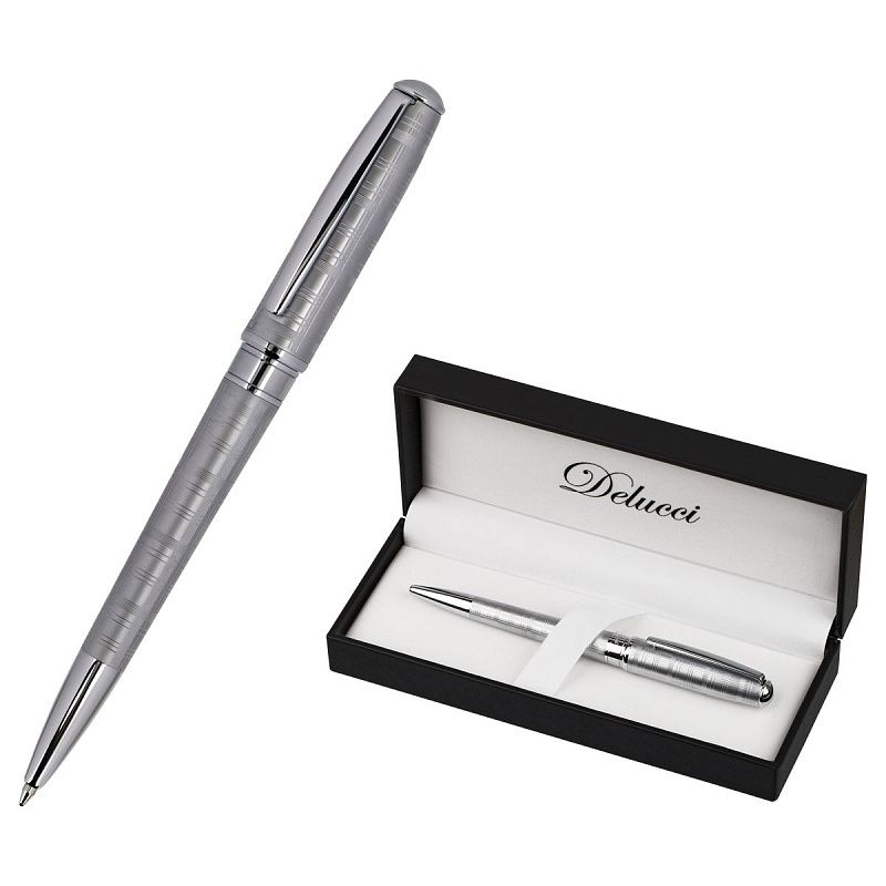 Ручка шариковая Delucci "Vetro" синяя, 1,0мм, корпус матовое серебро, поворотн., подарочная упаковка 