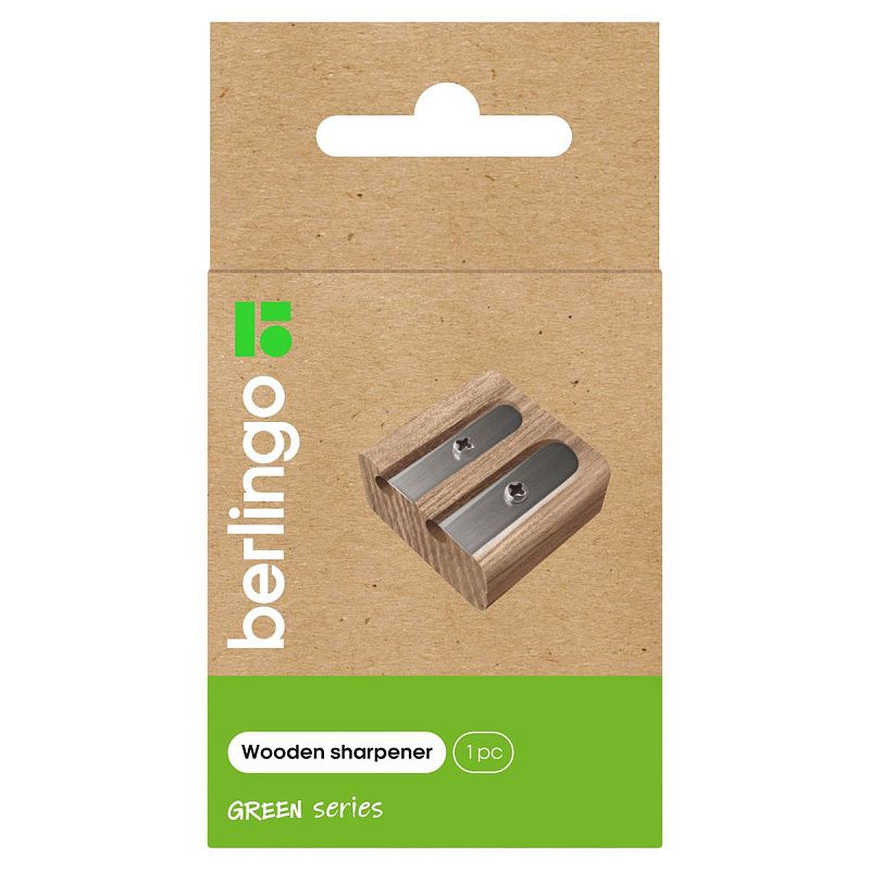 Точилка деревянная Berlingo "Green Series", 2 отверстия, в индивидуальной коробке, с европодвесом 