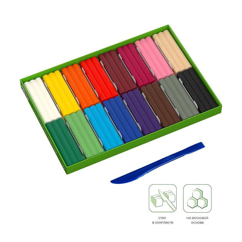 Пластилин восковой мягкий Гамма "Пчелка", 16 цветов, 240г, со стеком, картон. упаковка