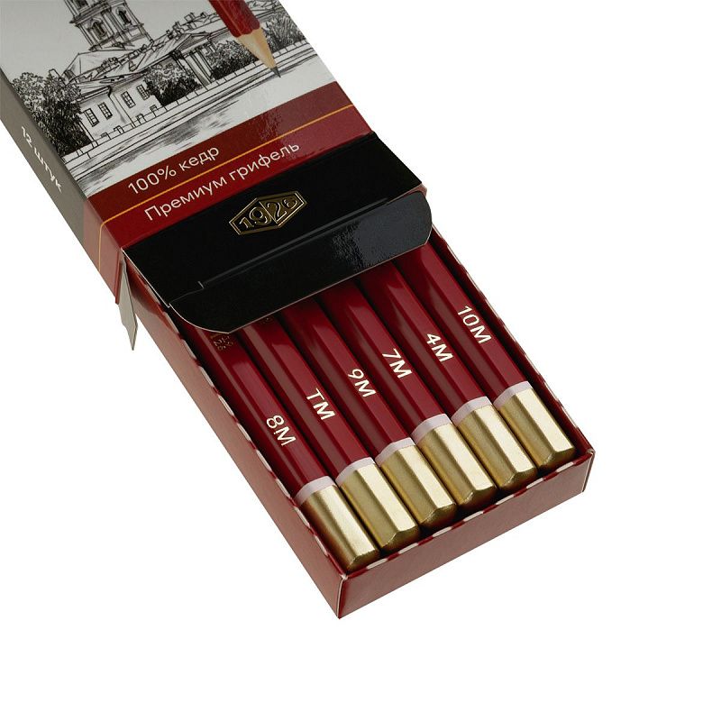 Набор карандашей ч/г Красин "1926" 12шт., Т(H)-10М(B),  КЕДР,  заточен., карт.пенал, европодвес 