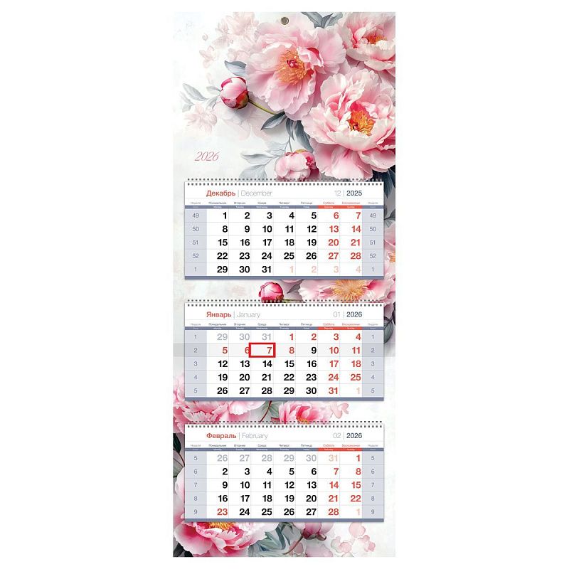 Календарь квартальный 3 бл. на 3 гр., 330*810 мм BG Premium "Пионы", с бегунком, 2026г.