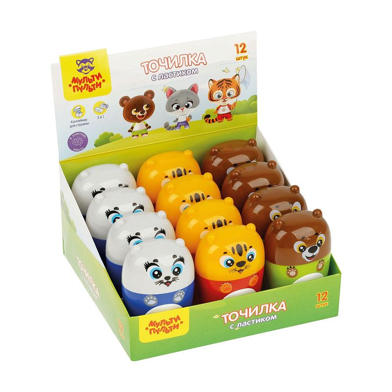 Точилка пластиковая с ластиком Мульти-Пульти "Зверята" 1 отверстие, контейнер, ассорти 