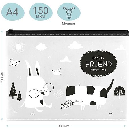 Папка-конверт на zip-молнии MeShu "Cute Friend", А4, 150мкм, прозрачная с рисунком 