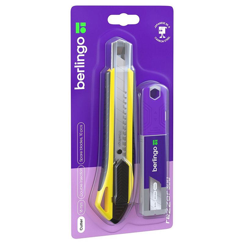 Нож канцелярский 18мм Berlingo "Razzor 300", желтый + лезвия сменные 10шт., блистер, европодвес