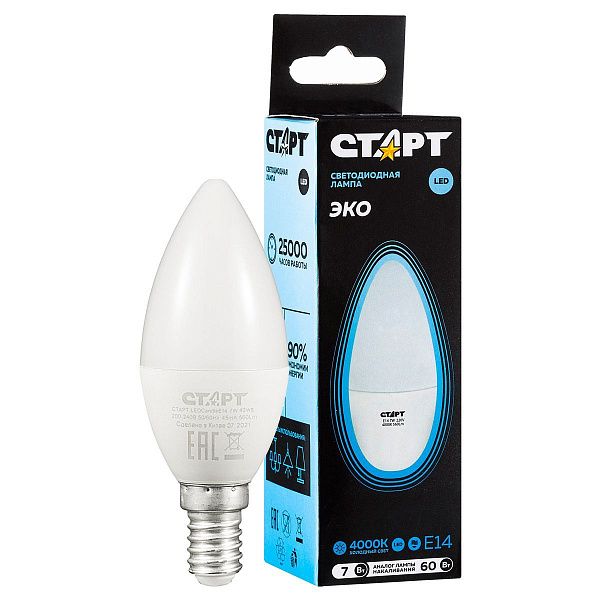 Лампа светодиодная Старт LED, серия "WS" 7W40, тип С "свеча", E14, 4000К, нейтральный свет, 25000ч
