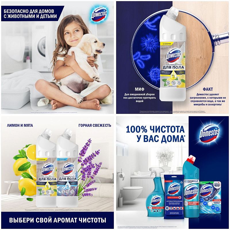 Средство для мытья полов Domestos "Чистота и блеск. Лимон и мята", гель, концентрат, с хлором, 1л 