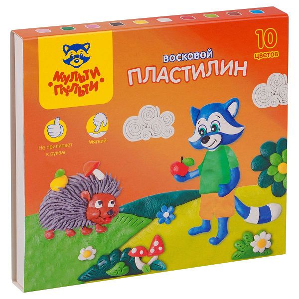 Пластилин Мульти-Пульти "Енот в лесу", 10 цветов, 150г, восковой, со стеком, картон, европодвес