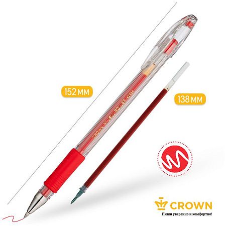 Ручка гелевая Crown "Hi-Jell Grip" красная, 0,5мм, грип 