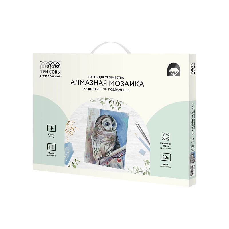 Алмазная мозаика ТРИ СОВЫ "Белая сова", 30*40см, холст на деревянном подрамнике, картонная коробка с пластиковой ручкой