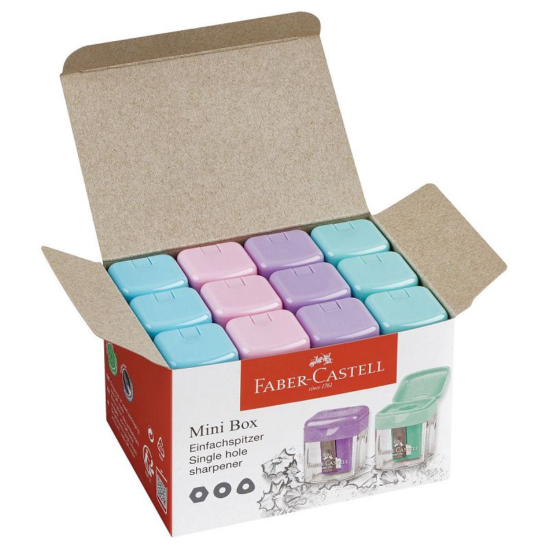 Точилка пластиковая Faber-Castell Mini box,1 отверстие, контейнер, ассорти, пастельные цвета 