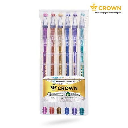 Набор гелевых ручек Crown "Hi-Jell Metallic" 6шт., 06цв., 0,7мм, металлик, ПВХ уп., европодвес