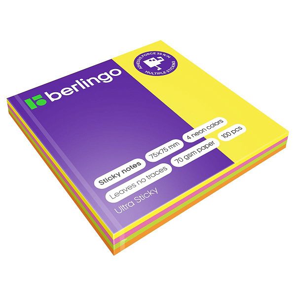 Самоклеящийся блок Berlingo "Ultra Sticky", 75*75мм, 100л., 4 неоновых цвета