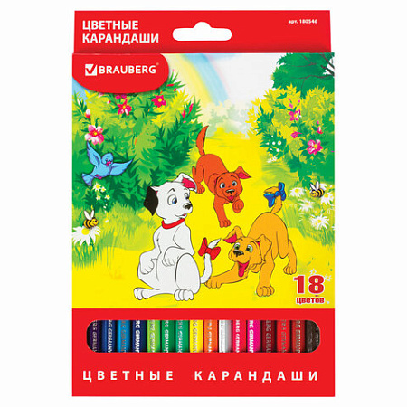 Карандаши цветные BRAUBERG "My lovely dogs", 18 цветов, заточенные, картонная упаковка, 180546