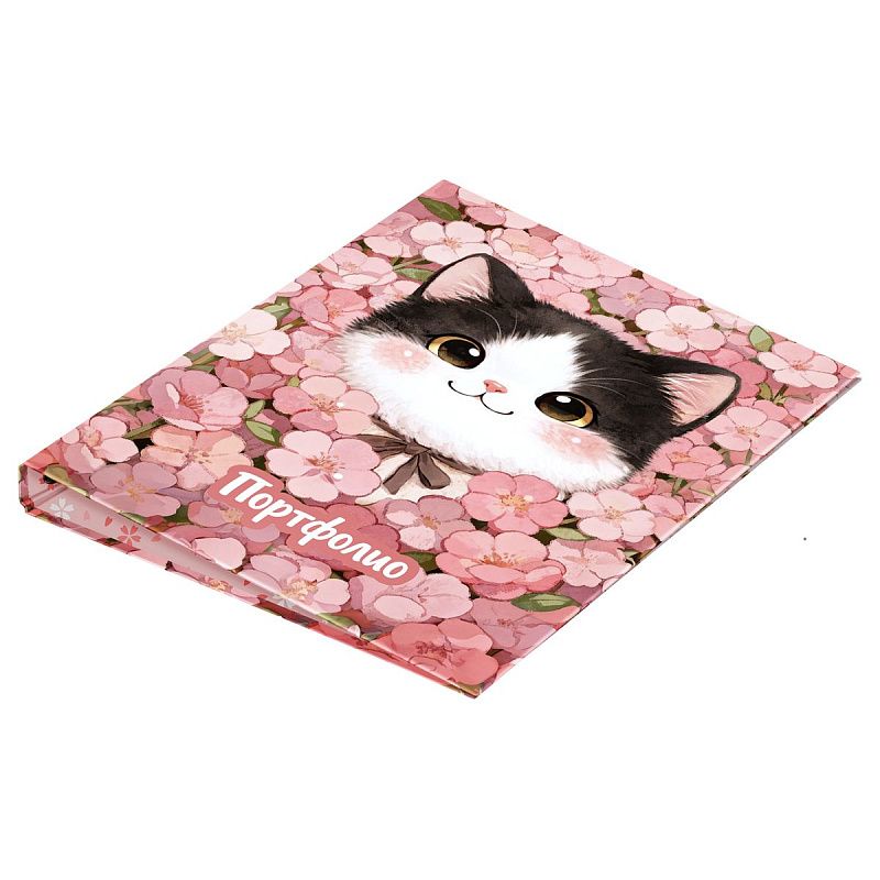 Папка-портфолио 7БЦ А4 BG, на 4 кольцах, для школьницы "Котёнок в цветах", 20 файлов 