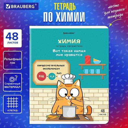 Тетрадь предметная "КОТ-ЭНТУЗИАСТ" 48 л., TWIN-лак, ХИМИЯ, клетка, подсказ, BRAUBERG, 404567