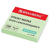 Блок самоклеящийся (стикеры) BRAUBERG, ПАСТЕЛЬНЫЙ, 76х76 мм, 100 листов, зеленый, 122696