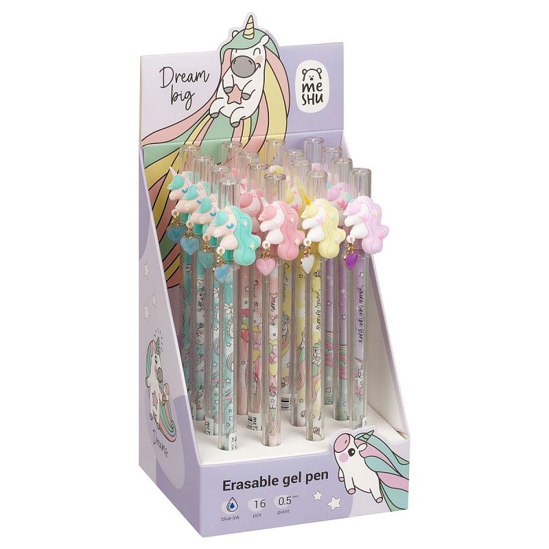 Ручка гелевая стираемая MESHU "Lovely unicorn" синяя, 0,5мм, корпус ассорти, с топпером 
