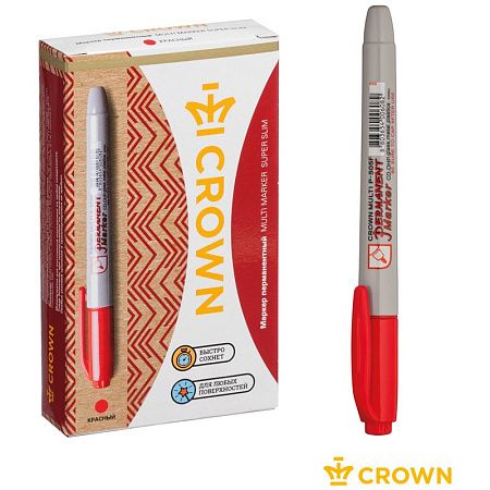 Маркер перманентный Crown "Multi Marker Super Slim" красный, пулевидный, 1мм 