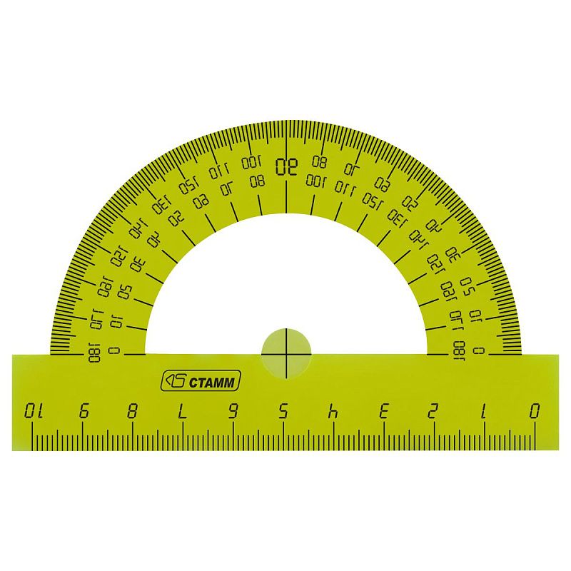 Транспортир 10см, 180° СТАММ, пластиковый, прозрачный, неоновые цвета, ассорти 