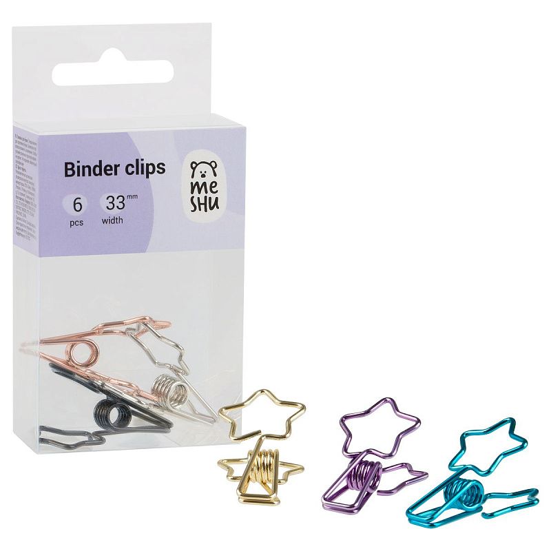 Зажимы для бумаг 33мм, MESHU "Shining Stars", 6шт., ассорти, бокс с европодвесом