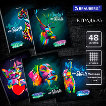 Тетрадь А5, 48 л., BRAUBERG, скоба, клетка, матовая ламинация, выборочный лак, "Animals Pop-Art", 404374