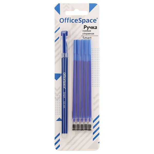 Ручка гелевая стираемая OfficeSpace "Smart" синяя, +5 сменных стерженей, 0,5мм, soft-touch, блистер