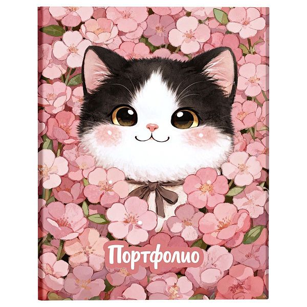 Папка-портфолио 7БЦ А4 BG, на 4 кольцах, для школьницы "Котёнок в цветах", 20 файлов