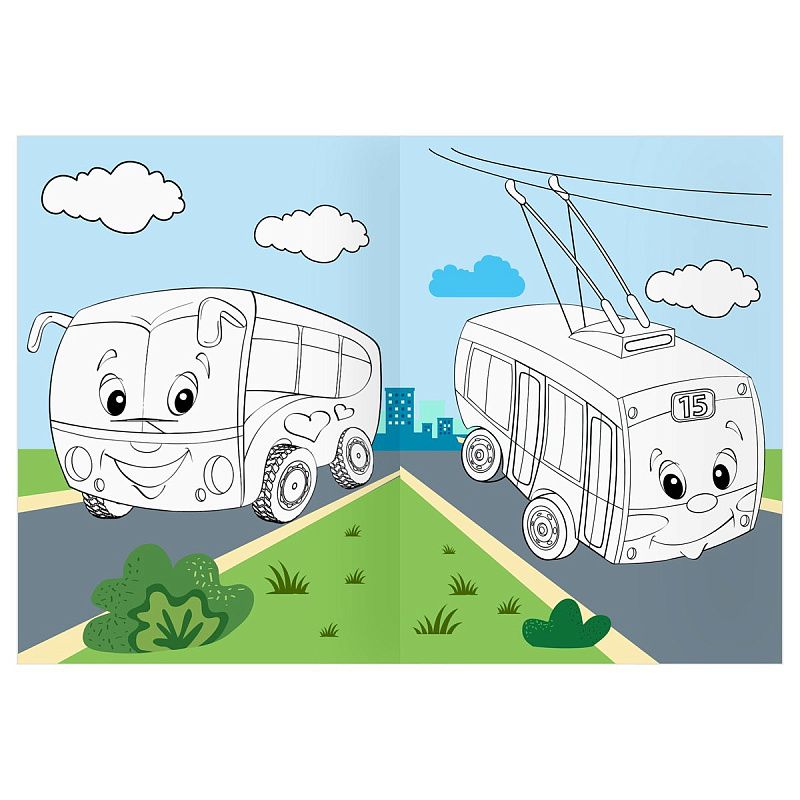 Раскраска А4 ТРИ СОВЫ "Веселые машинки", 16стр., цветной фон