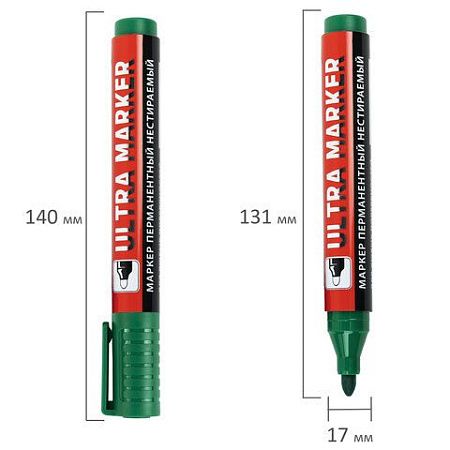 Маркер перманентный ULTRA MARKER, ЗЕЛЕНЫЙ, 3,5 мм, с клипом, BRAUBERG, 152207 