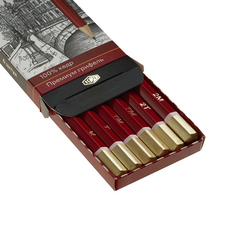 Набор карандашей ч/г Красин "1926" 6шт., 2Т(H)-2М(B), кедр, заточен., карт.пенал, европодвес 