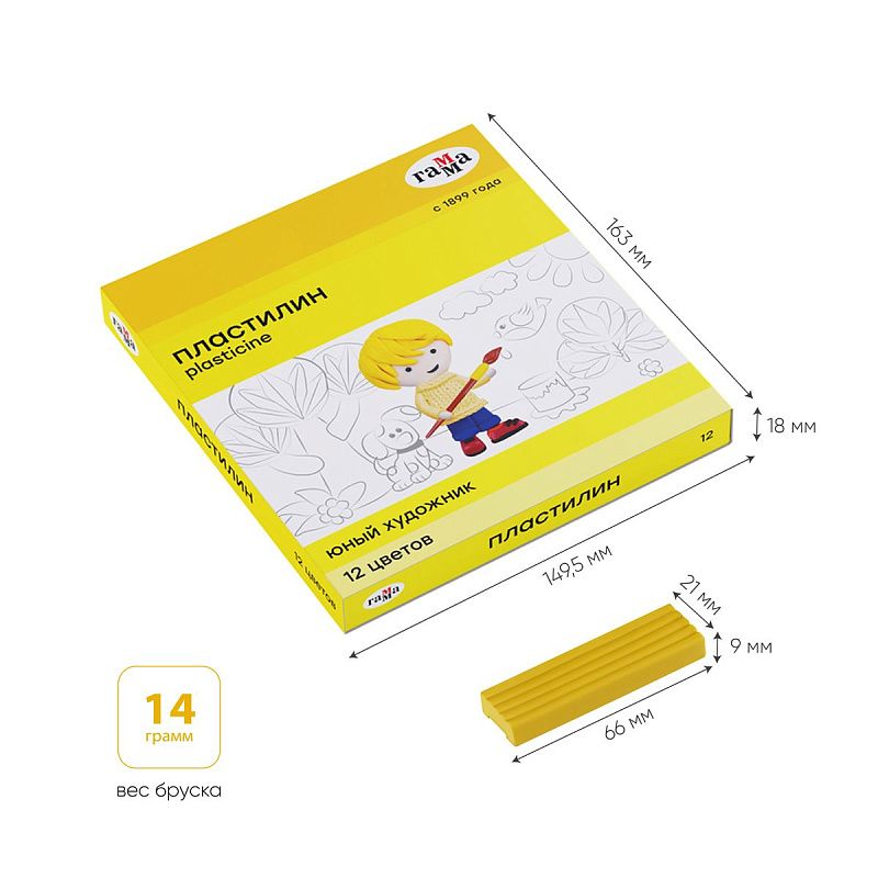 Пластилин Гамма "Юный художник" NEW, 12 цветов, 168г, со стеком, картон. упаковка