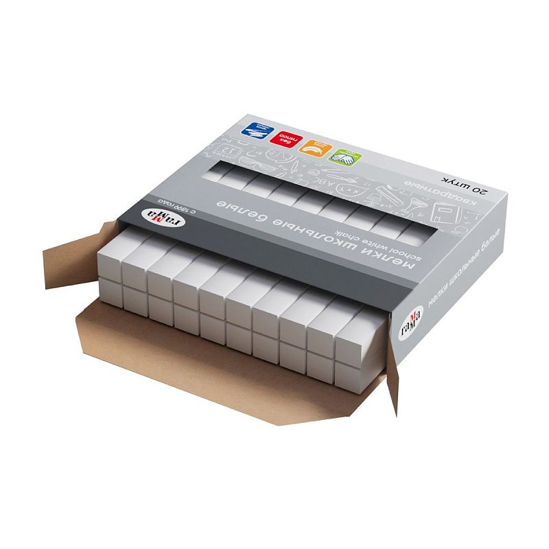 Мелки школьные Гамма, белые, 20шт., мягкие, квадратные, картонная коробка 