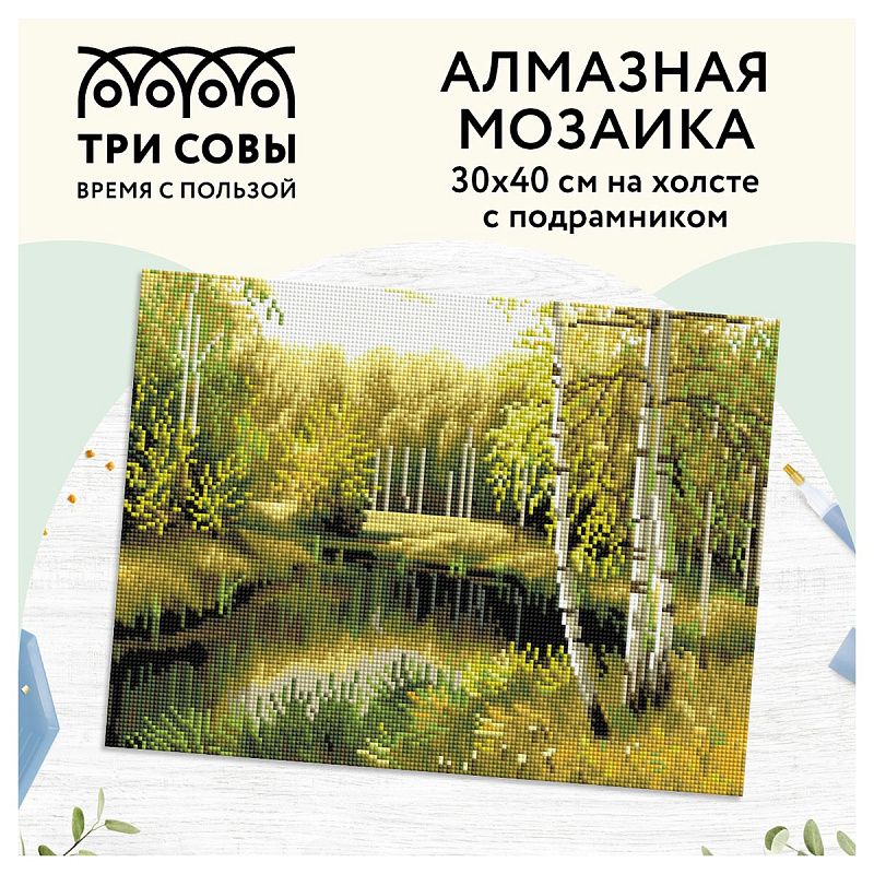 Алмазная мозаика ТРИ СОВЫ "Летний пейзаж", 30*40см, холст на деревянном подрамнике, картонная коробка с пластиковой ручкой